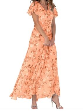 Floral Flutter Sleeve Maxi Dress in Peach Sz M